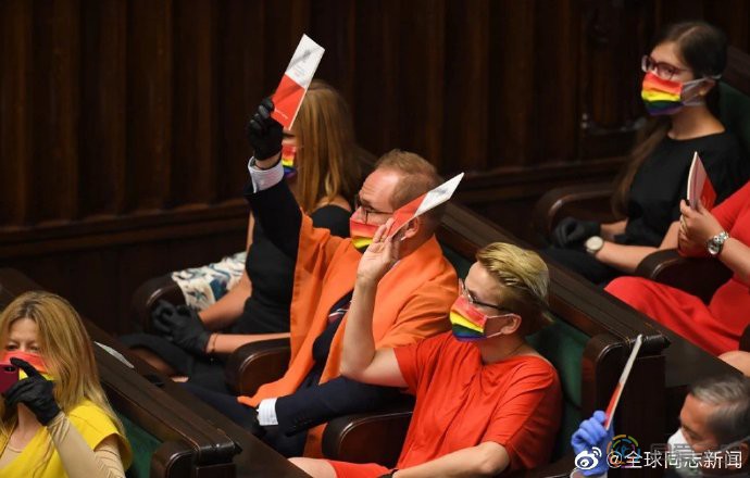 波兰：总统就职仪式现场，反对派议员戴彩虹口罩